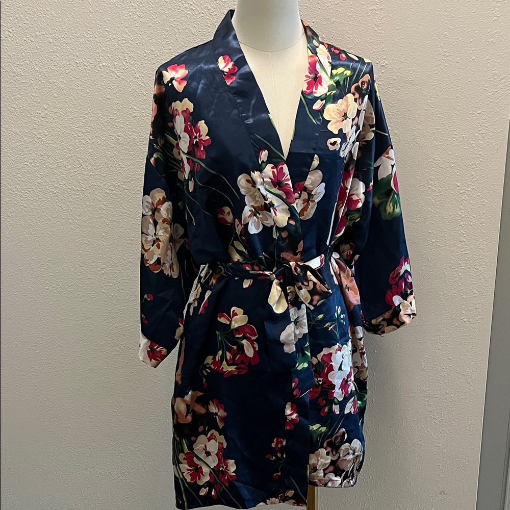 Satin Kimono Robe XS/S Navy Blue Floral Silky Lounge, Spa, Bridal Party Wrap